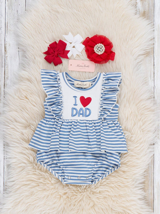 I Love DAD Stripe & Ruffle Embroidered Bubble Romper
