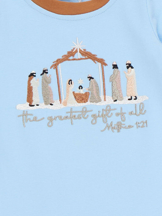 Greatest Gift Nativity Embroidered Plaid Romper