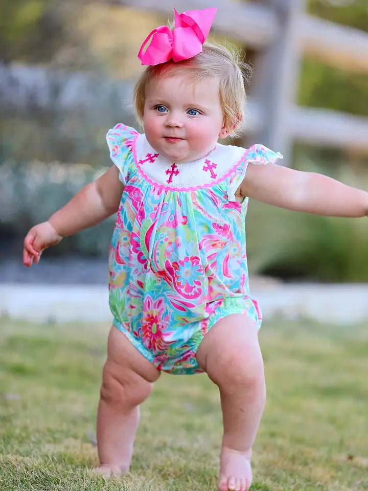 Easter Cross Smocked/ Embroidered Baby Girl Romper