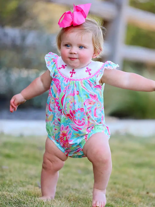 Easter Cross Smocked/ Embroidered Baby Girl Romper