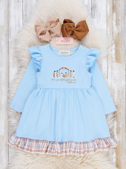 Greatest Gift Nativity Embroidered Plaid Ruffle Dress