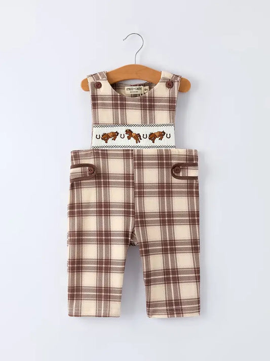 Western Horse Embroidered and Smocked Plaid Baby Boy Romper