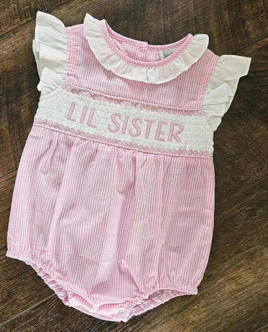 Pink Stripe Lil Sis Smocked Romper