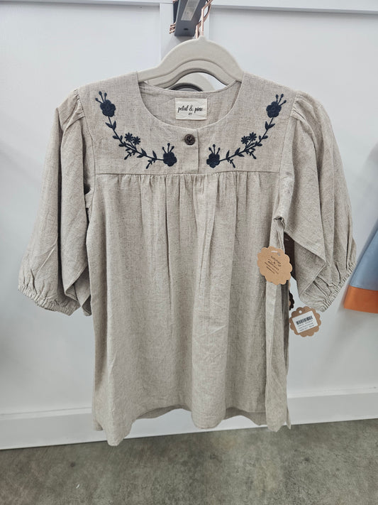 Grey Floral Embroidered Linen Dress