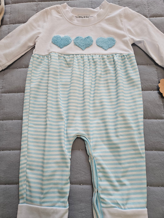 Blue Heart French Knot Striped Romper