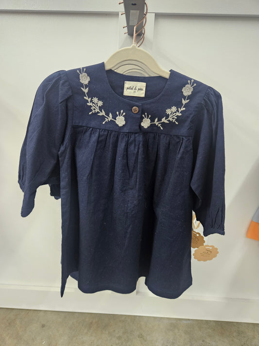 Navy Floral Embroidered Linen Dress